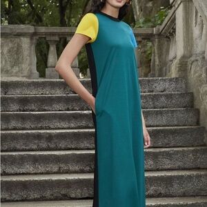La DoubleJ Sporty Swing Dress Color Block Green in Cotton Jersey size L - NWT